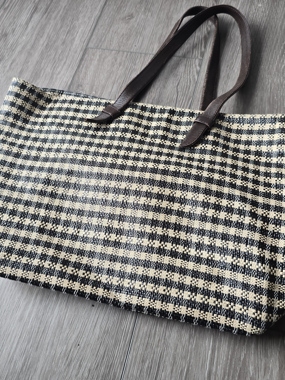 Talbots Paper Straw Woven Tote Bag Black Cream Plaid Genuine Leather - Picture 10 of 10